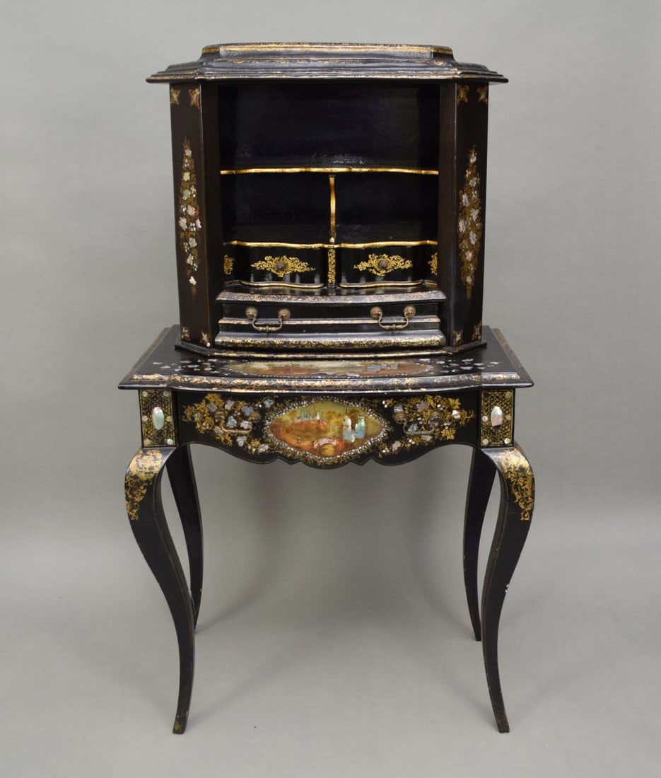 Diminutive Ladies Vanity, Circa 1800, Divided Interior over Single Drawer with Painting and Mother: Diminutive Ladies Vanity, Circa 1800, Divided Interior over Single Drawer with Painting and Mother of Pearl Inlay Below on Cabriole Legs, Hand painted Romantic Cartouches and Gilt Accents Surround, 51