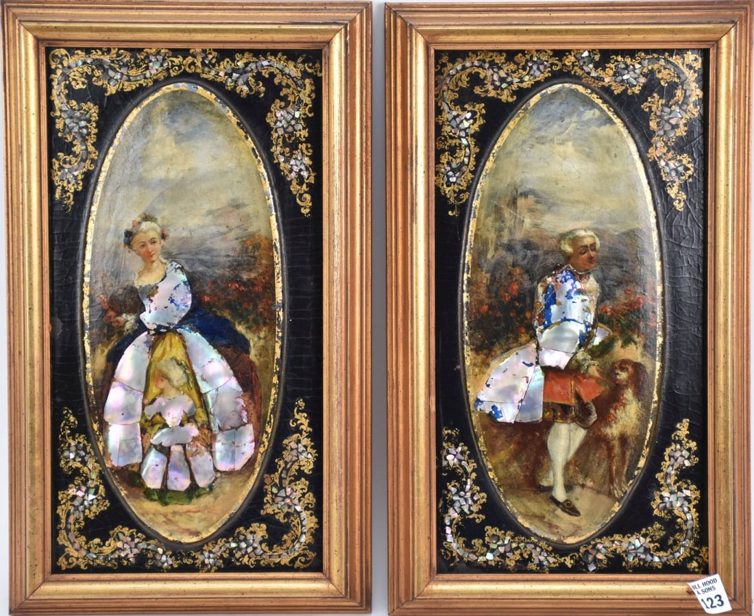 Pair Framed Panels with Oval Romantic Mother of Pearl Cartouches, 16"h x 9"w: Pair Framed Panels with Oval Romantic Mother of Pearl Cartouches, 16"h x 9"w