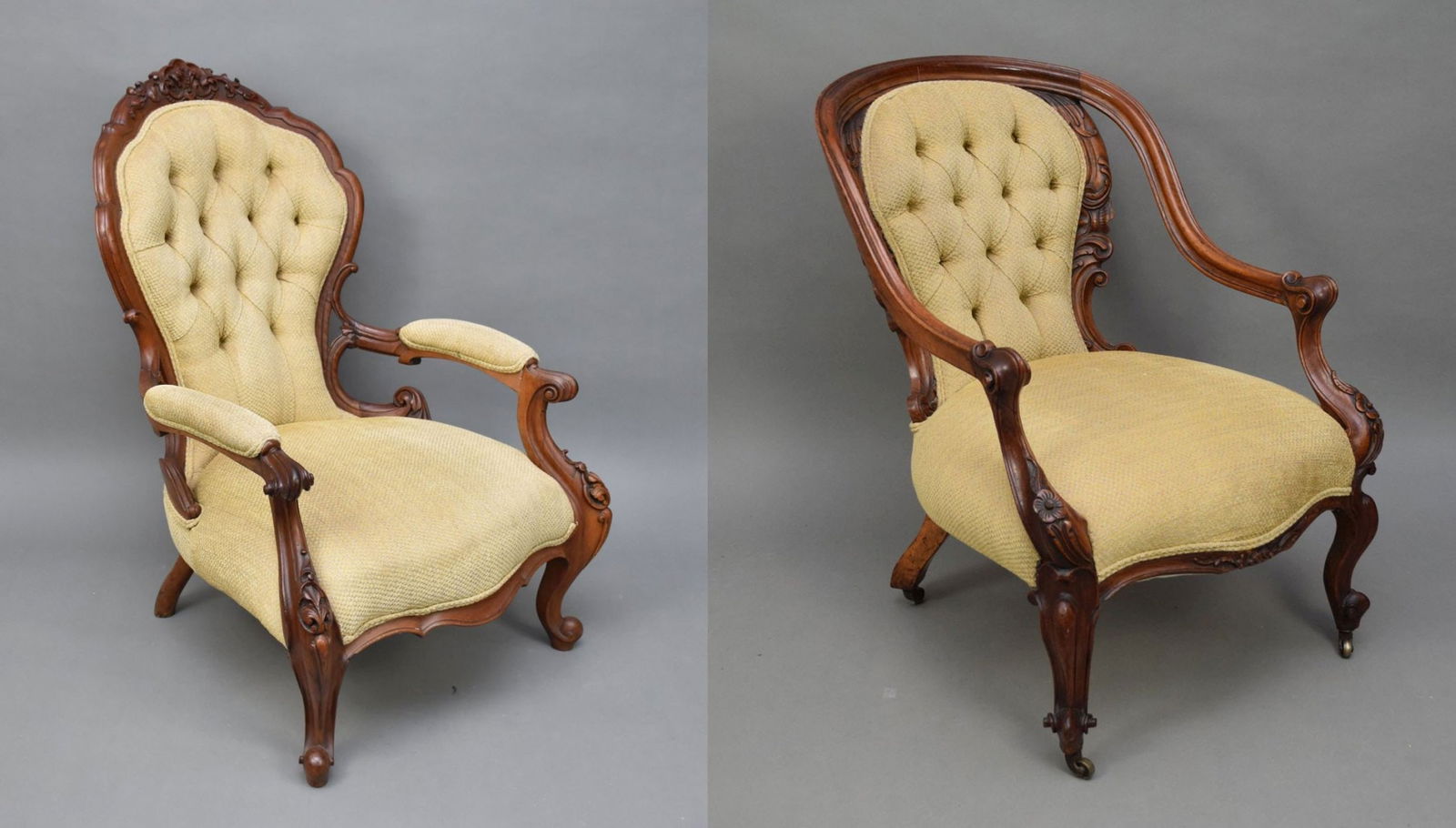 2 Victorian Armchairs, Finely Carved Walnut and Mahogany Frame with Matching Tufted Back Upholstery (1 of 10)