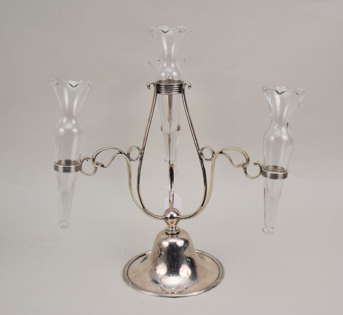 Sterling Silver Centerpiece Epergne with 4 Crystal Bud Vases, 14 1/2"h  x 12"w (1 of 4)