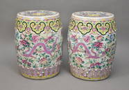 Pr. Chinese Porcelain 19th Century Famille Rose Garden Seats with Dragons. 18-1/2 x 14 inches each.