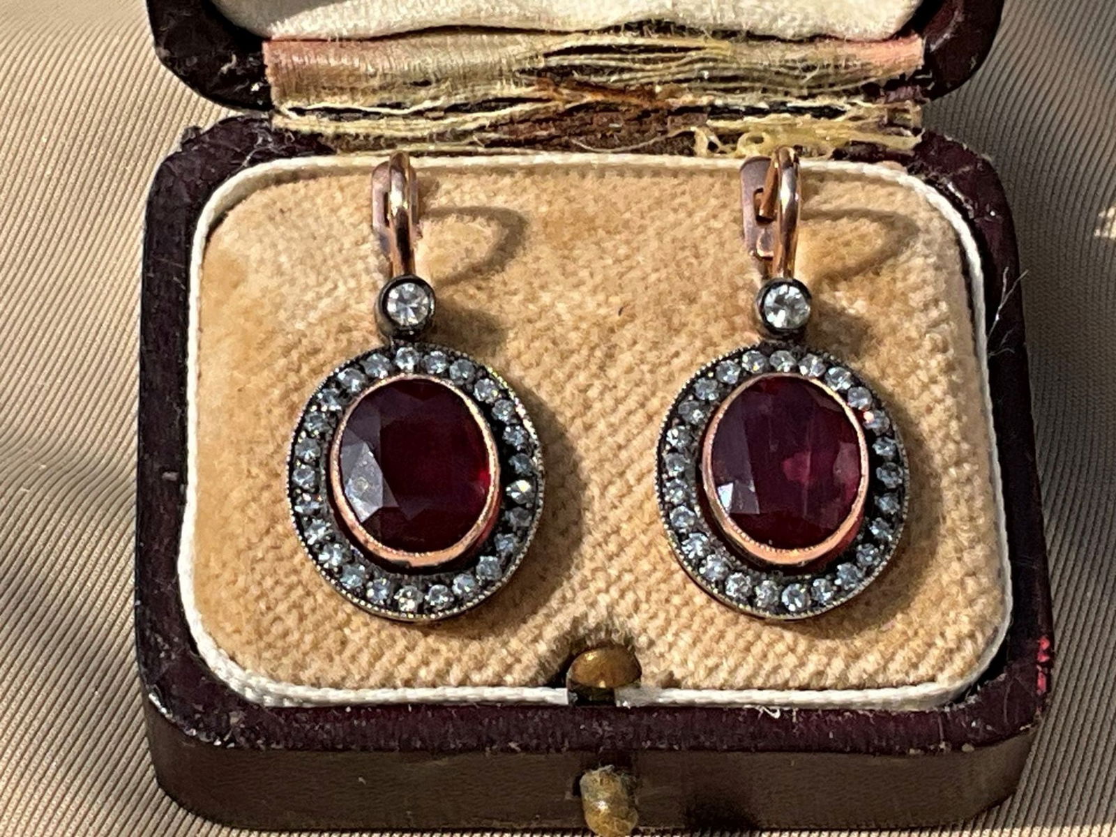Russian Antique gold diamonds and Ruby earrings - Russian gold test 14 carats with 52 single cut: Russian Antique gold diamonds and Ruby earrings - Russian gold test 14 carats with 52 single cut diamonds and Ruby each one about 3 carats stamped 56 and maker marks, weight 8,7 grams, 1,2 â€œ( 2,