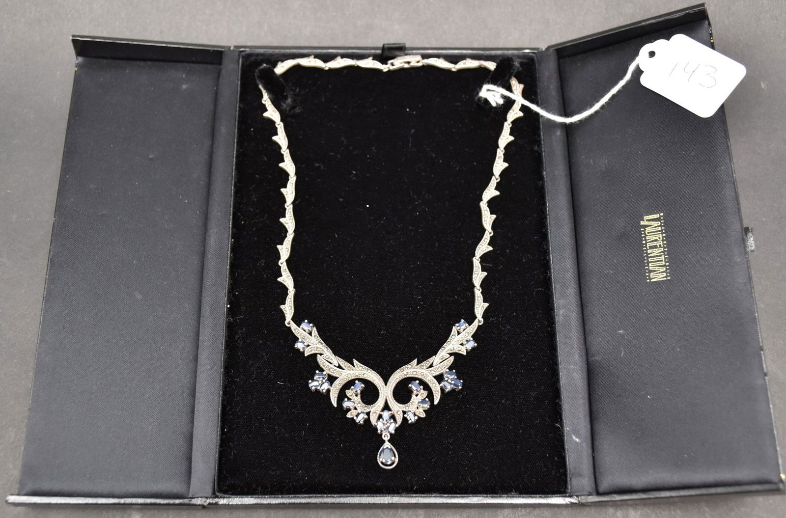 Vintage Sterling Silver Marcasite Sapphire Necklace.  18" wt. 42 grams (1 of 6)