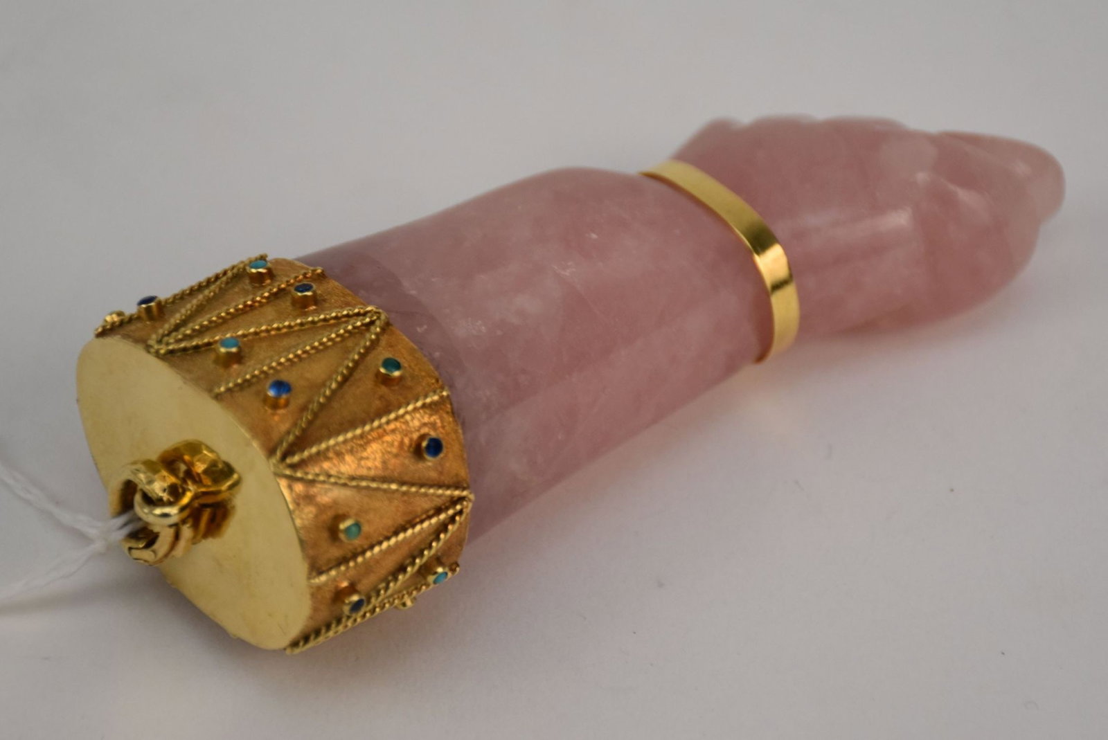 18K Yellow Gold, Rose Quartz Figa Fist Pendant. 4" x 1.75": 18K Yellow Gold, Rose Quartz Figa Fist Pendant. 4" x 1.75"