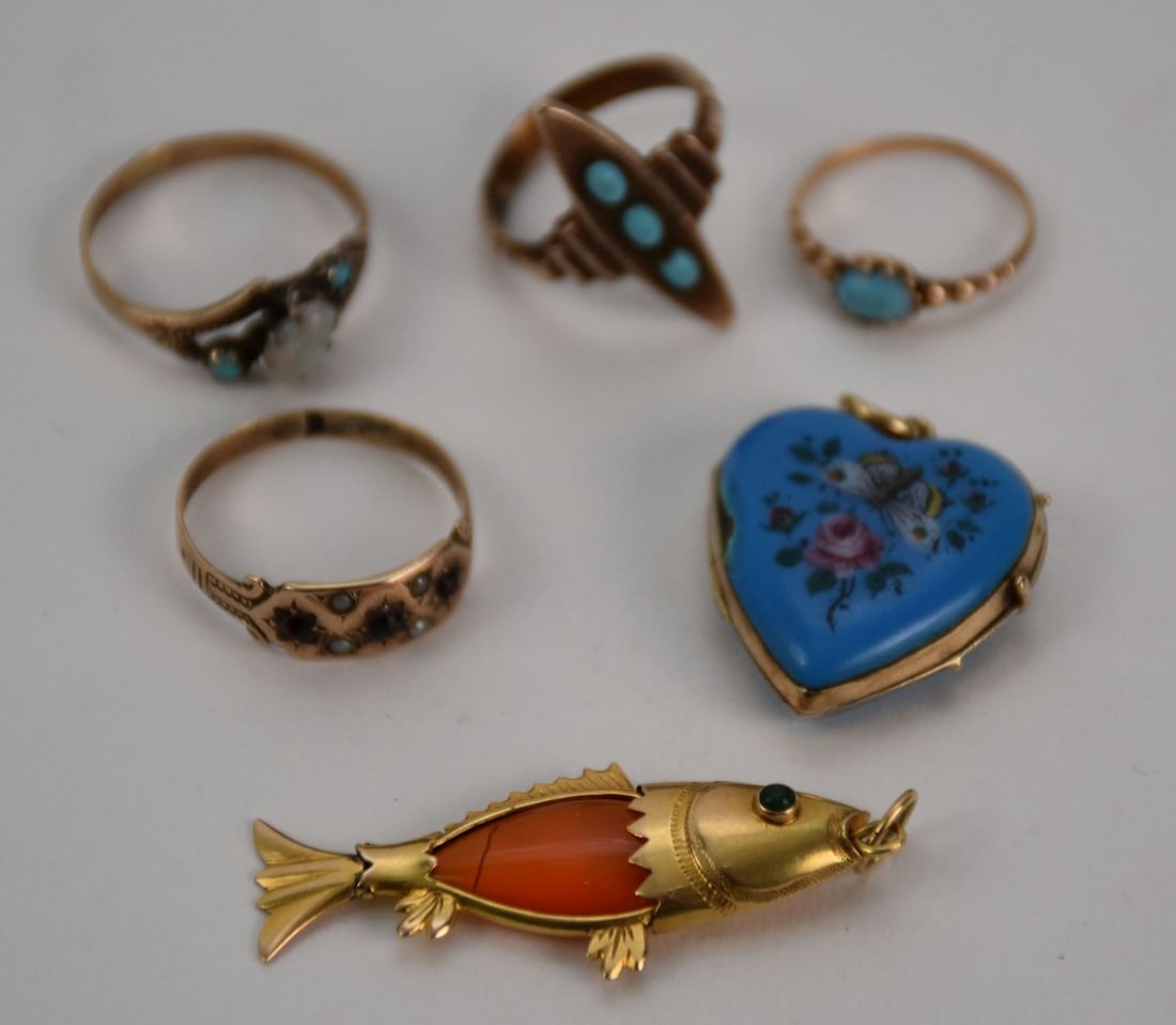 10K Yellow Gold Victorian Rings & Pendant Lot.  4 Rings size 3.75 - 7.5 and 2 Pendants 1" - 1.5" (1 of 6)