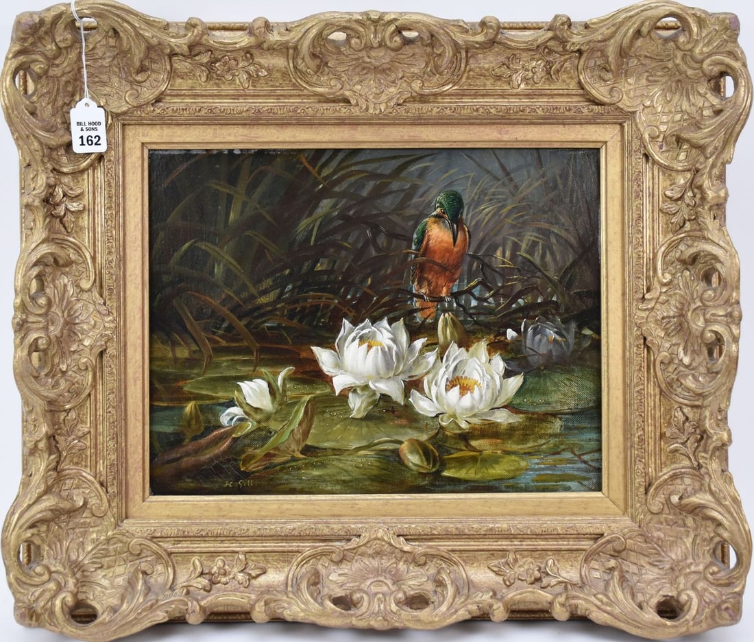 Henry Gill of Birmingham (fl. 1855-1883) oil on canvas, Kingfisher on a river bank with lilies, (1 of 7)