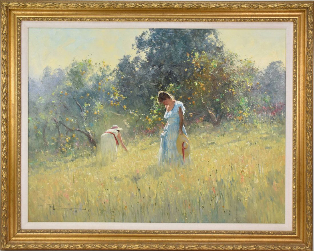 Robert Hagan (Australian b. 1947) Oil on Canvas, 30 x 40 inches.  Ladies picking flowers. (1 of 9)