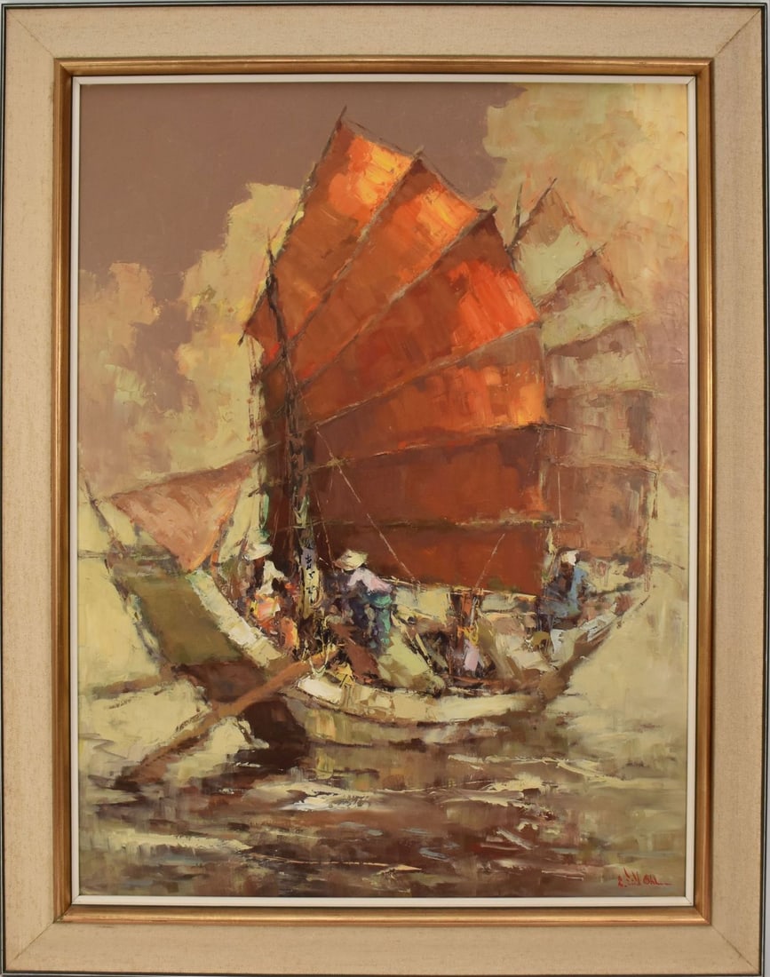 Frits Lucien Ohl (1904-1976 Dutch/Indonesian) oil on Masonite board, Chinese Junk Ship, Gebr. Koch (1 of 6)
