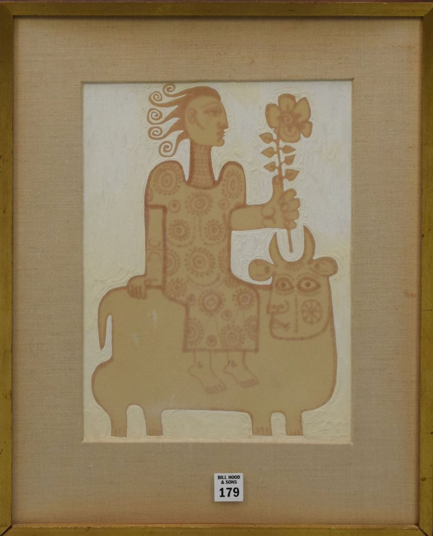 Rex Clawson (American, 1929-2007) Oil Painting, Lady on Bull -Picasso esq. signed lower left. (1 of 4)