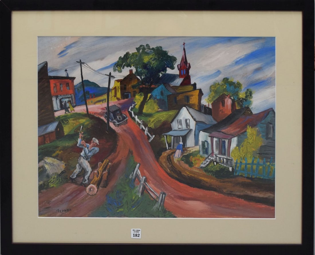 Abram Tromka  Polish (1896-1954) Watercolor / Gouache Rural Scene Houses on a Hill by road with some (1 of 5)