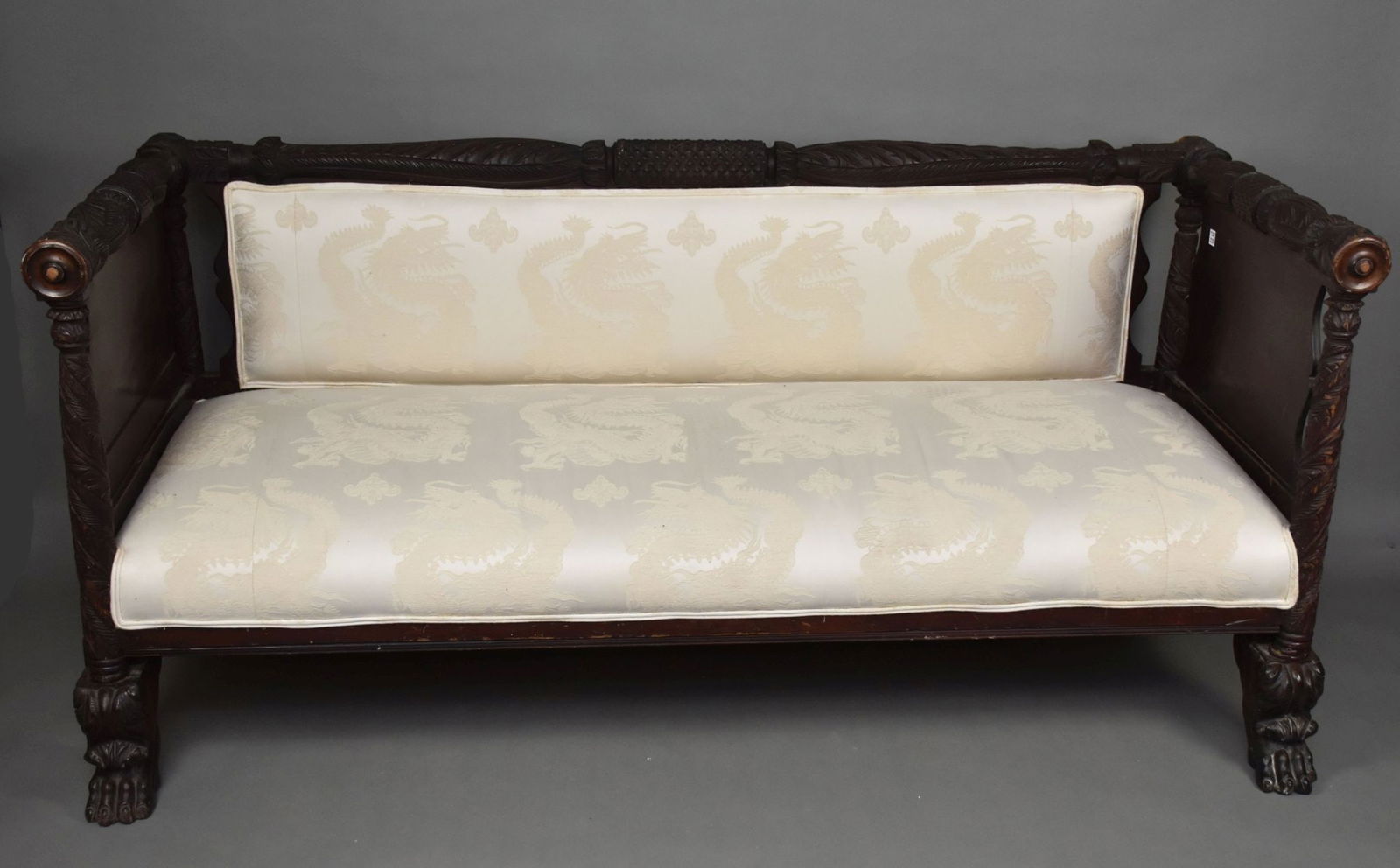 Victorian Carved Bed Frame Converted to Sofa with Chinese Silk Ivory Upholstery, 34"h x 72"w x 29"d (1 of 8)