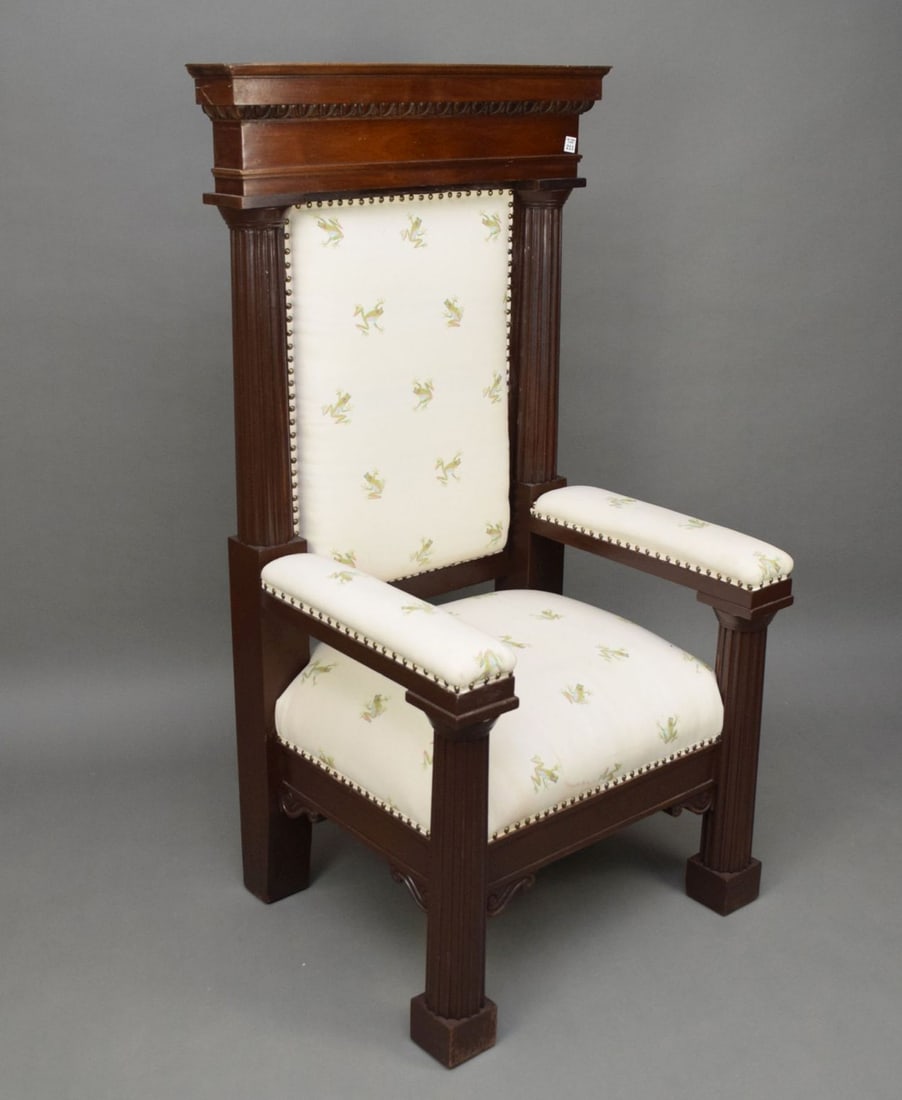 Mahogany Architectural Throne Chair with Frog Upholstery, 58 1/2"h x 30"w (Upholstery has some water: Mahogany Architectural Throne Chair with Frog Upholstery, 58 1/2"h x 30"w (Upholstery has some water staining)
