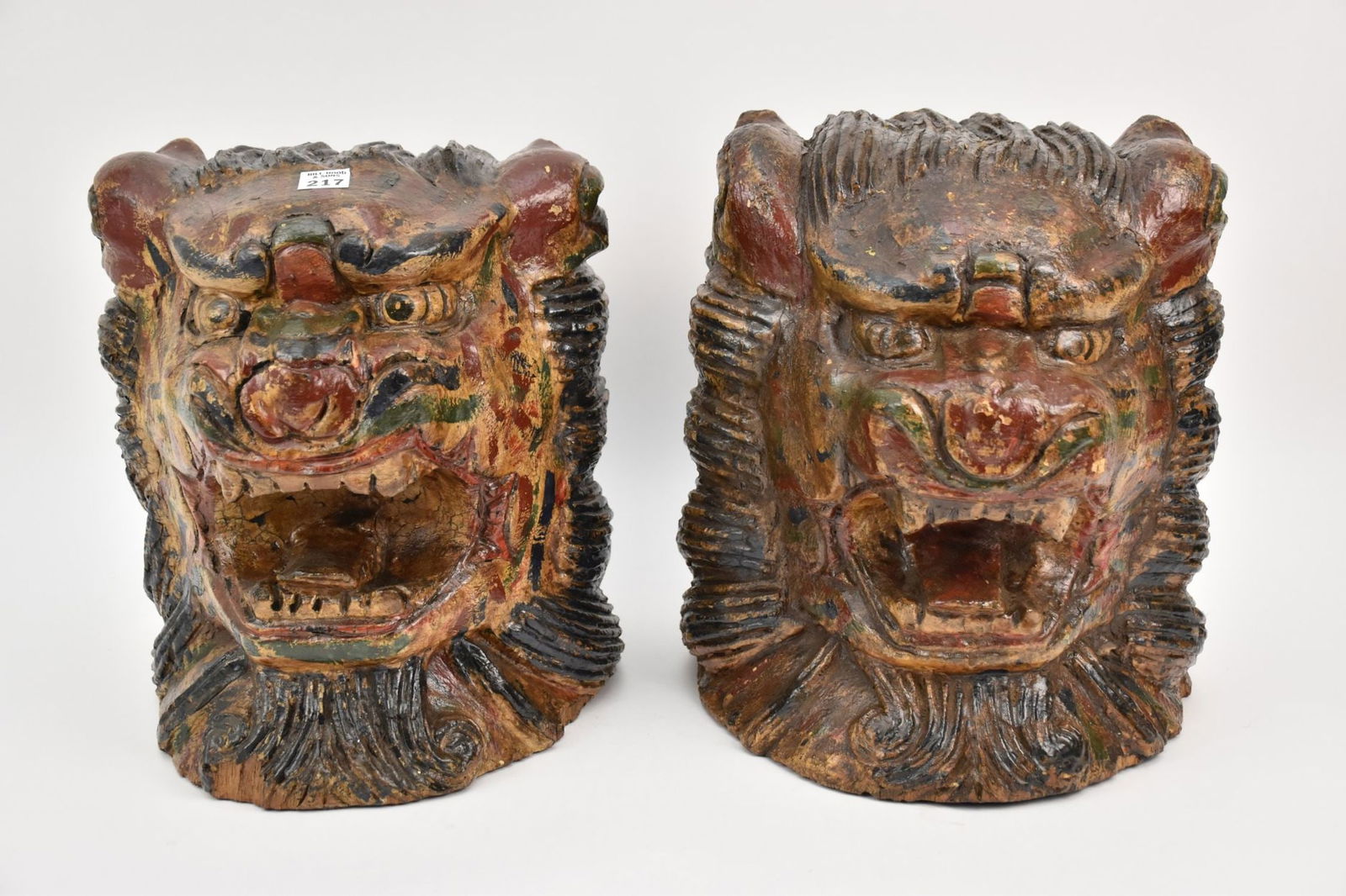 Pair Large Vintage Heavily Carved Painted Lion Heads, Vietnamese, 13"h x 11"w (1 of 6)
