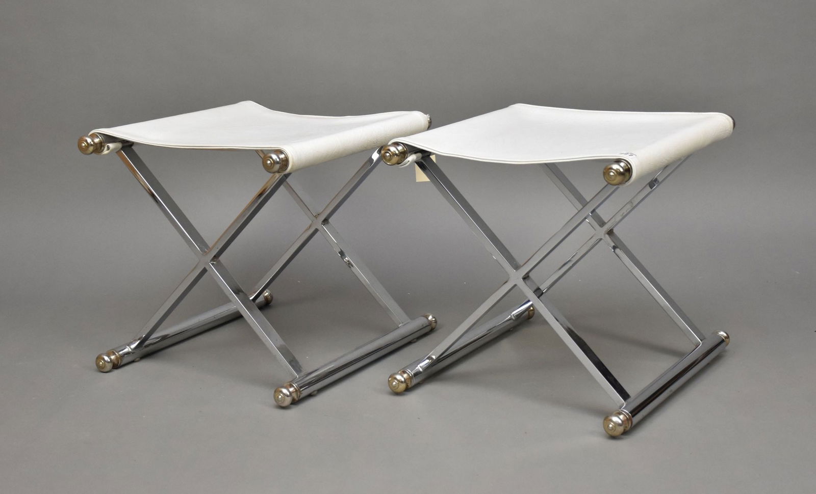 Pair Modern Chrome Frame Stools with White Leather Style Seat, 15"h x 16"w x 16"d (1 of 7)