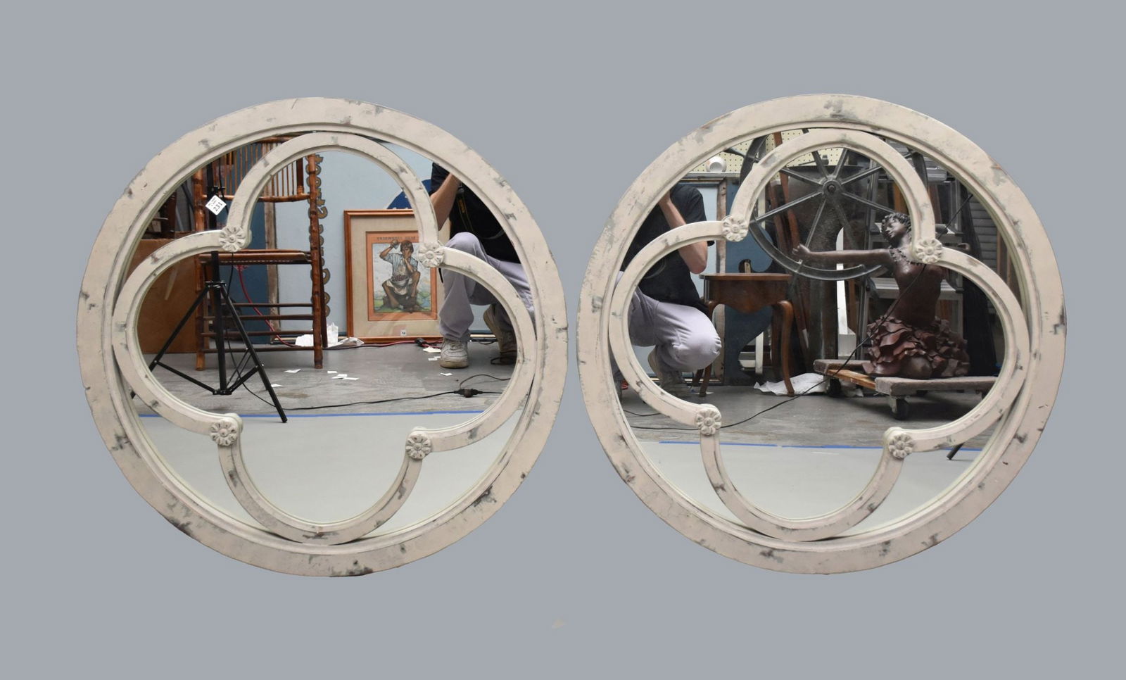 Pair Decorative Oversize Round Architectural Style Mirrors, Gray in color, 36"dia (1 of 4)