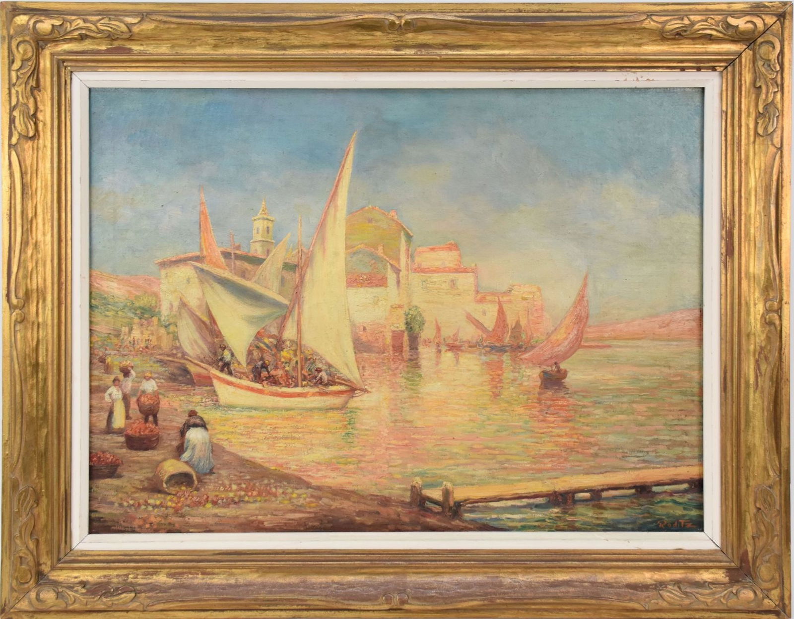 Antique Dutch School signed Raditz, oil on canvas, Harbor Scene - Prepairing for the Market, (1 of 6)
