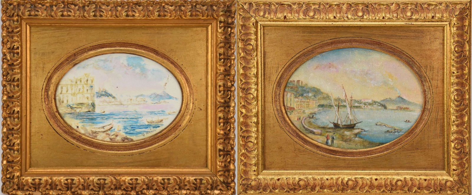 Giani D'Oro (Italian) Lot of Two, Scenes of Naples with Vesuvius Erupting, Oil on Card, Both Signed (1 of 10)