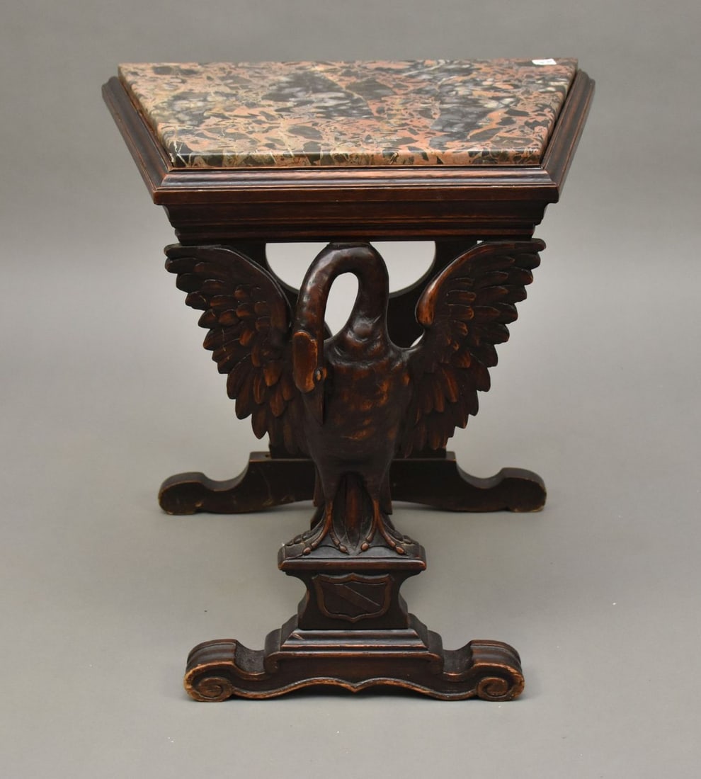 Mahogany Side Table, 1940's with Marble Top, Carved Eagle End Supports, 24"h x 22"w x 18"d (1 of 4)