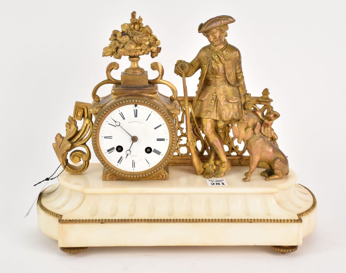 White Marble Figural Clock, c. 1800's, Porcelain Face, 4 Feet, 14 1/2"L x 12 1/2" (Has Key) (1 of 5)