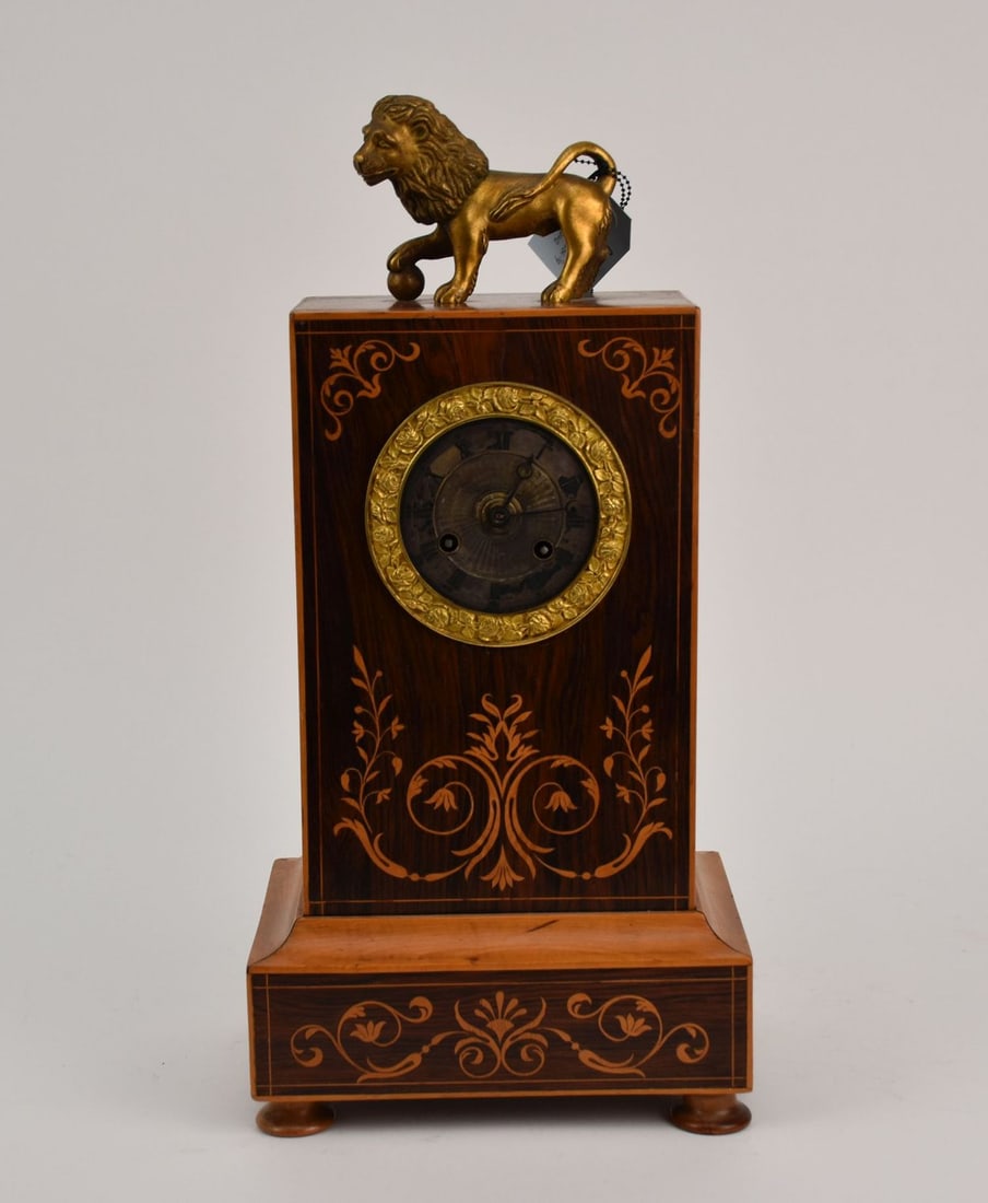 Antique Wood, Inlay Mantle Clock, Lion Figure to Top, Key Wind, 16"h x 8"w x 5 1/2"d (1 of 7)