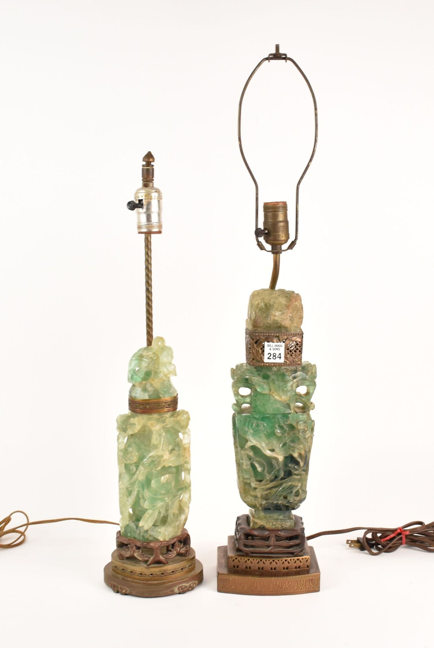 2 Vintage Chinese Green Quartz Urn Shape Table Lamps, 28"h & 22 3/4"h to top of (1 of 8)