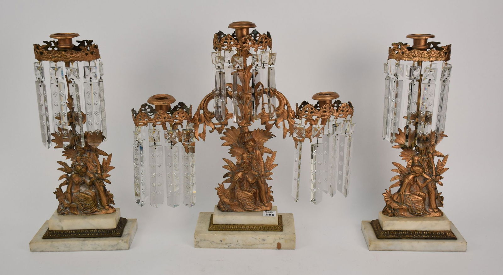 Vintage 3pc. Gilt Brass/Marble Girandole Set with Prisms, 19"h x 7 1/2"w x 4"d (1 of 5)