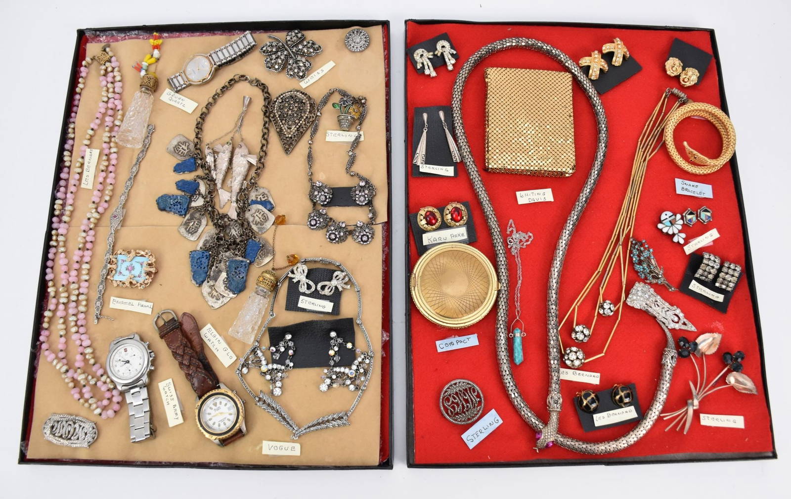 2 Box Lots; Costume Jewelry, Vogue, Weiss, Les Bernard, Karu, Whiting