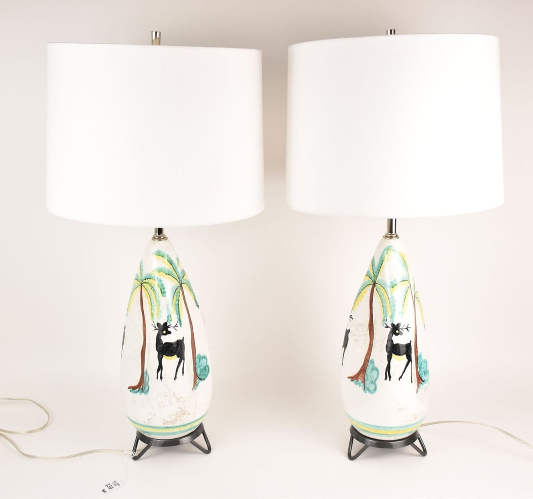 Pair Decorative Glazed Pottery Lamps, Deer & Trees - single light fixture, overall height 20 1/2" h (1 of 4)