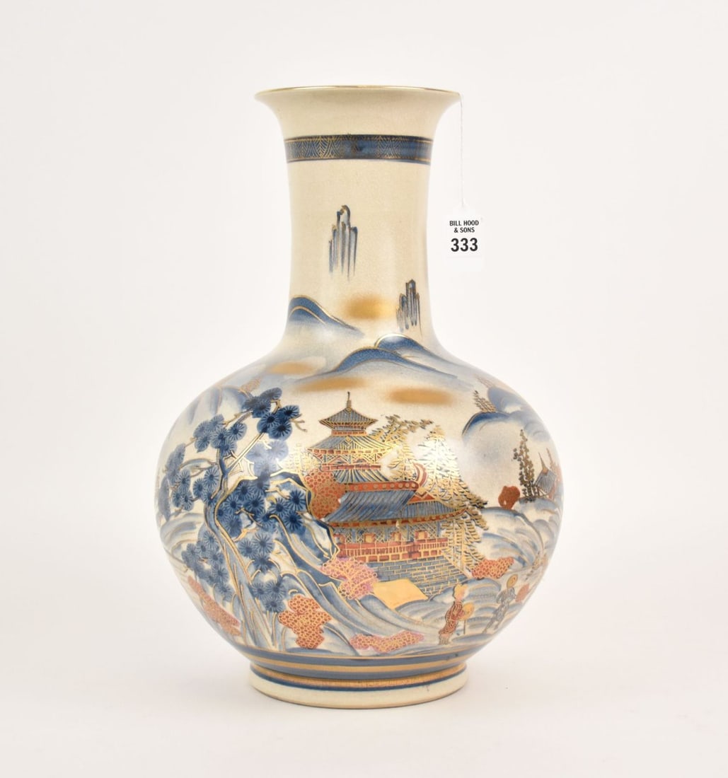 Japanese Satsuma Porcelain Vase - Bulbous form vase, decorated with figural landscape scene in blue, (1 of 6)