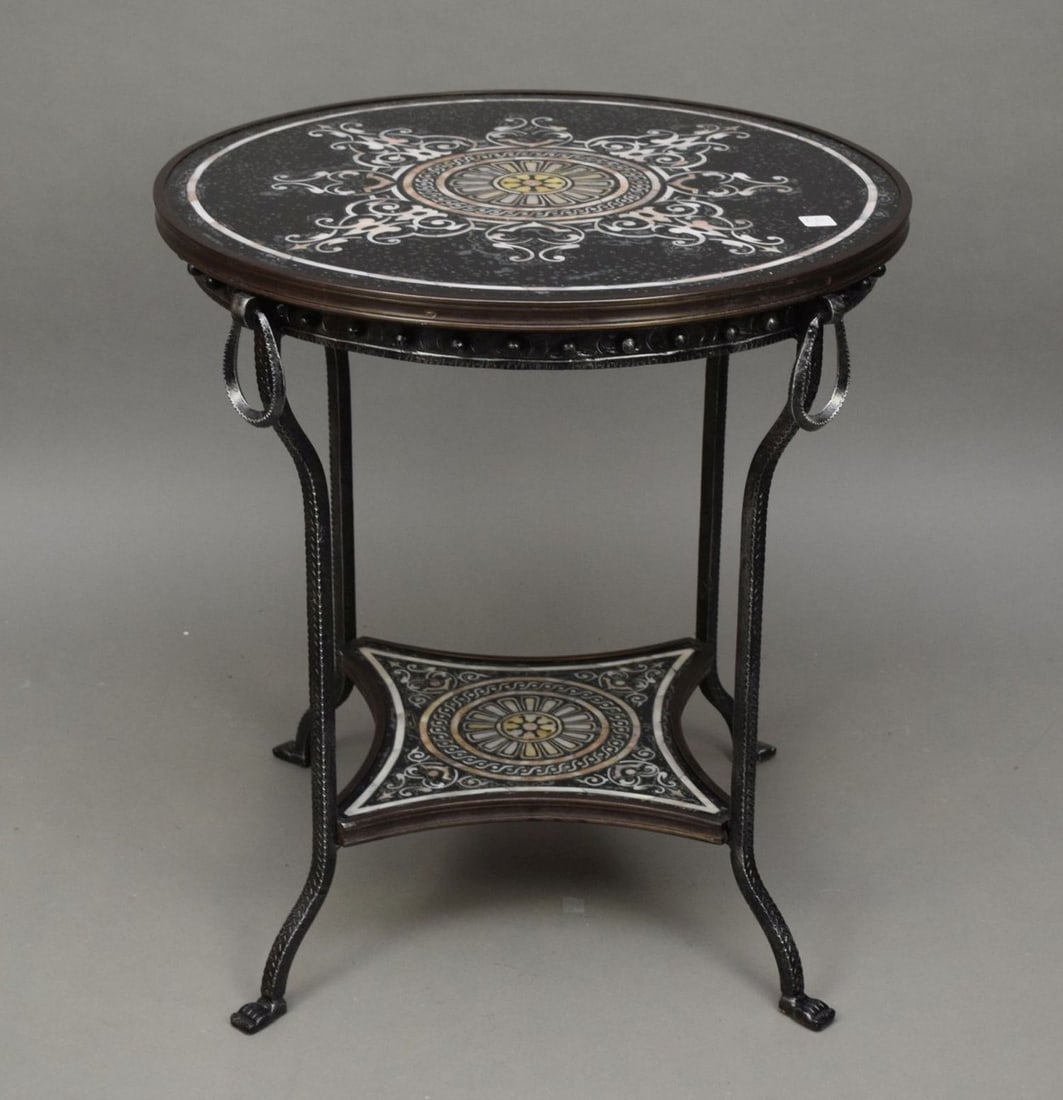 Occasional 2 Tier Table, Iron Frame Fabricated Surface with Mother of Pearl Design, 26"h x 24"d (1 of 5)
