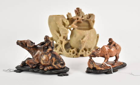 Three Chinese Soapstone Carvings - Group of hand-carved soapstone objects includes: A) Child sitting (1 of 7)