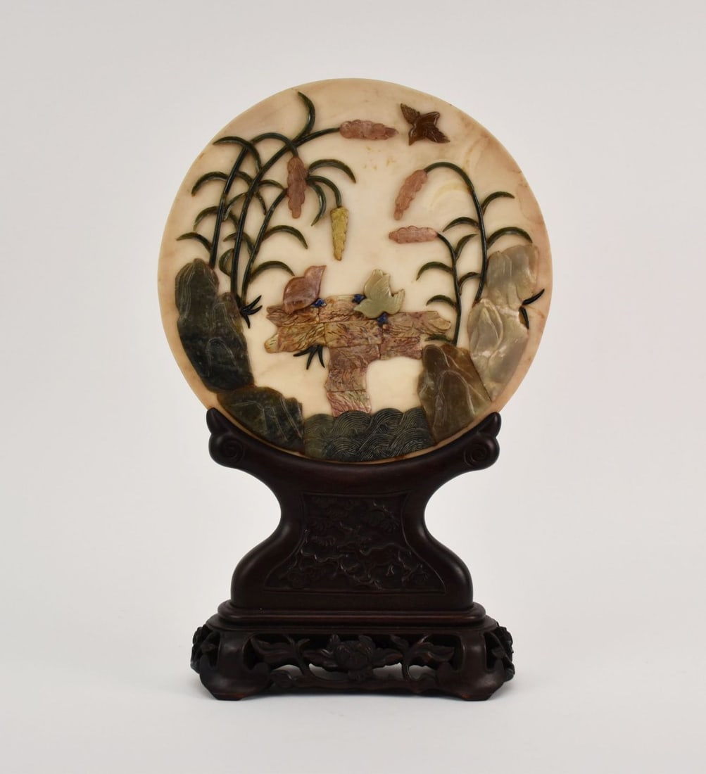 Vintage Chinese Stone & Jade Table Screen - A table screen with a round marble disk encrusted with (1 of 6)