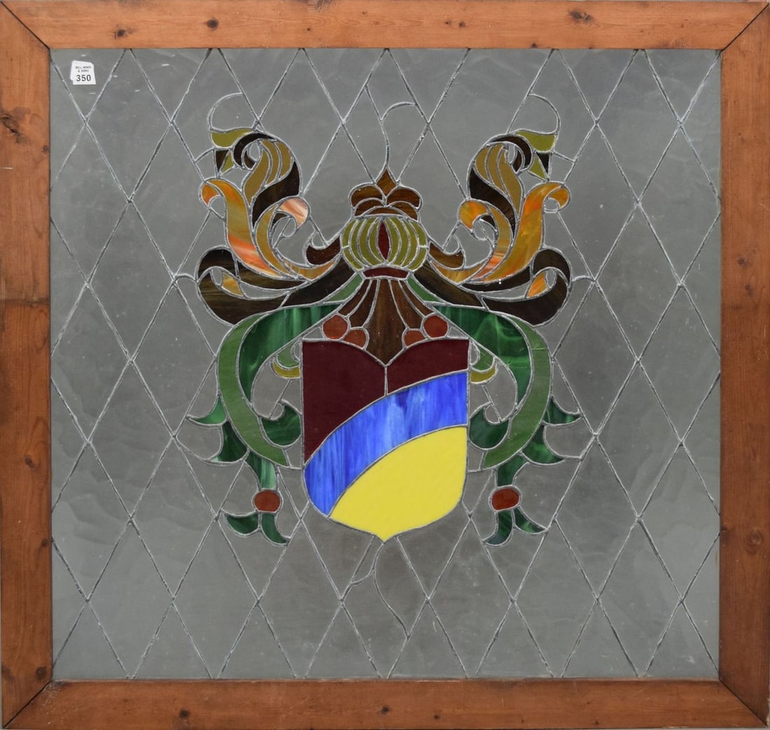 Leaded Glass Window with Stained Glass Shield Motif, 36 1/2"h x 38 1/2"w (window slightly warped) (1 of 5)