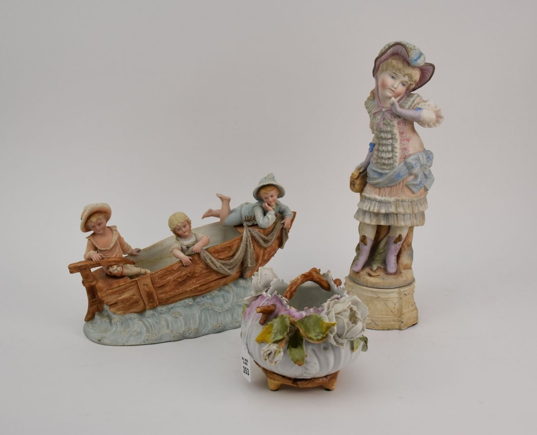 3pc. Vintage Bisque/Porcelain;  2pc. Rudolstadt Large Boat with 3 Child Figures &  Handled Basket (1 of 9)