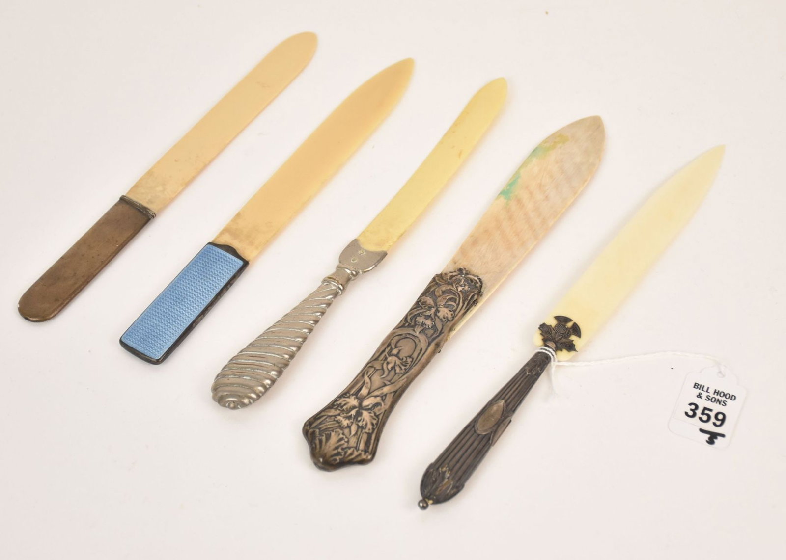 Group of Antique Sterling Handled Letter Openers - A group of five antique letter openers. Four with: Group of Antique Sterling Handled Letter Openers - A group of five antique letter openers. Four with sterling silver handles (blue enamel, floral repousse, stone inlaid and plain), one with plated han