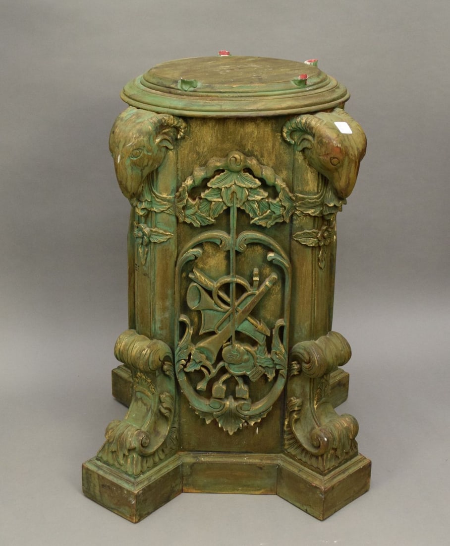 Painted Green Carved Pedestal with Gilt Accents, Trophy Cartouches with Elephant Head Corners, 29"h (1 of 4)