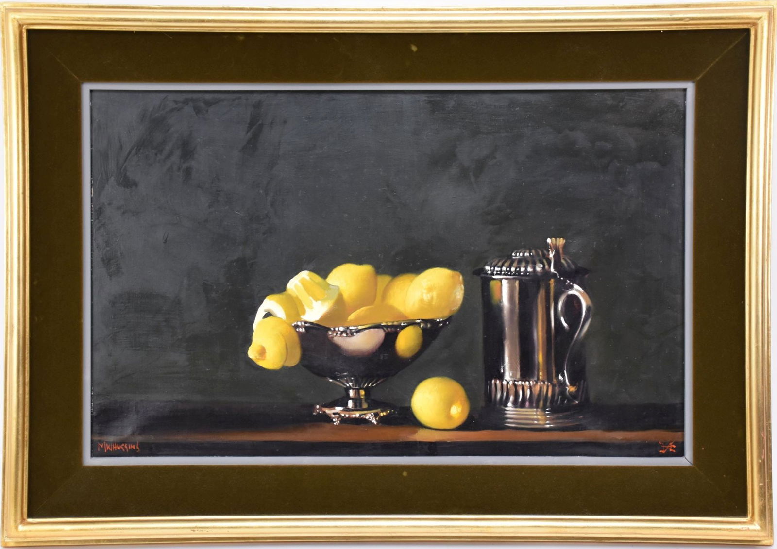 Michael Huggins (Born 1927) oil on canvas, Still Life Lemons with a Bowl and Pitcher, canvas sizes (1 of 9)