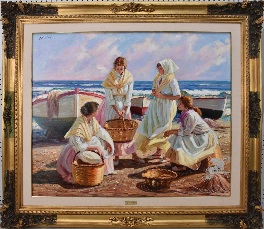 Jose Lull (Spanish, 1933) oil on canvas, woman on shore, De Charla 1988, 43" x 51" overall. Large (1 of 10)