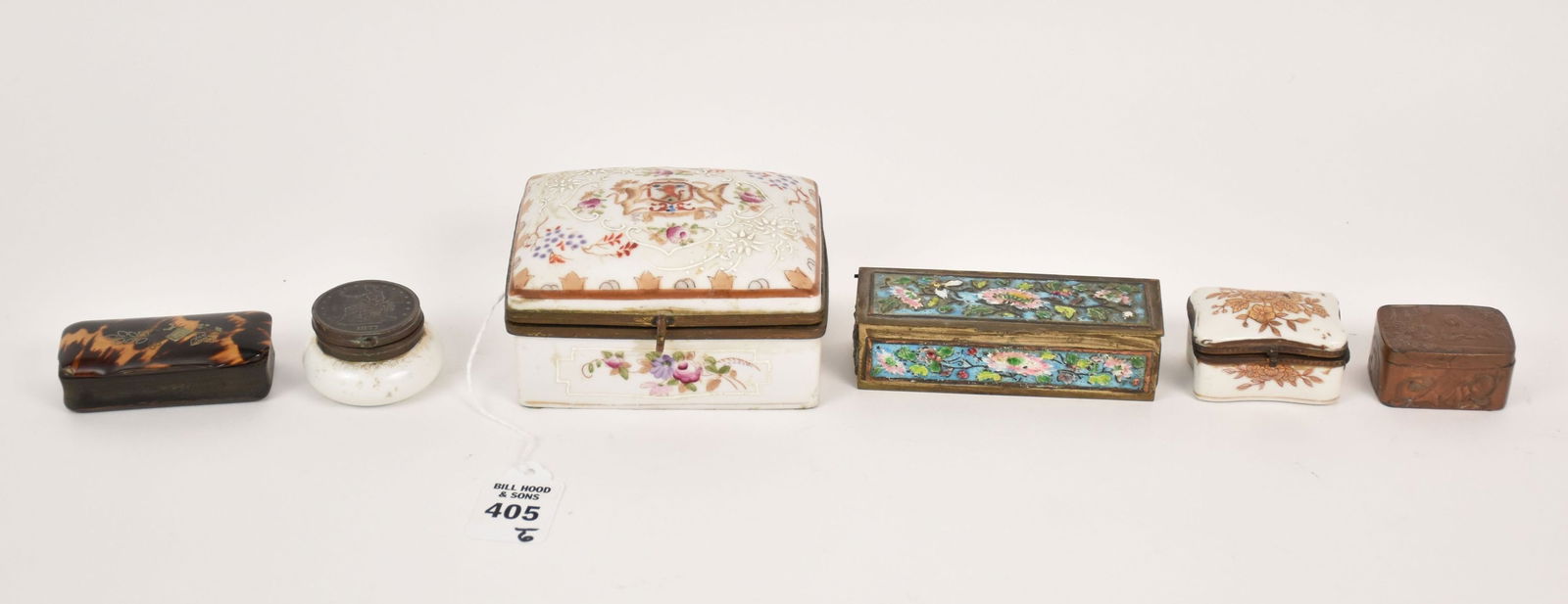Group of 6 Antique Trinket Boxes - Including: A) Armorial porcelain box, hand-painted, hinged lid, (1 of 7)