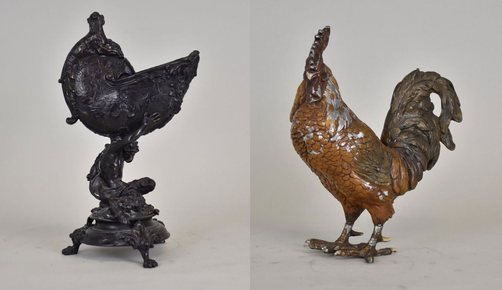 Two Antique Metal Figures, Bacchus Nautilus & Rooster - Two antique cast metal figures. A) patinated (1 of 13)