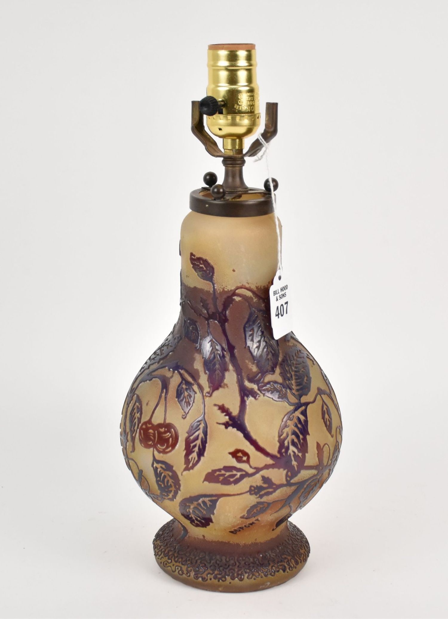 Vintage Cameo Glass Vase Lamp, Signed "Dupont", cherry & leaves motif in relief, Vase is mounted but: Vintage Cameo Glass Vase Lamp, Signed "Dupont", cherry & leaves motif in relief, Vase is mounted but not drilled, vase - 10 1/8"n h, overall - 14 1/8" h. Condition: Minor normal wear.