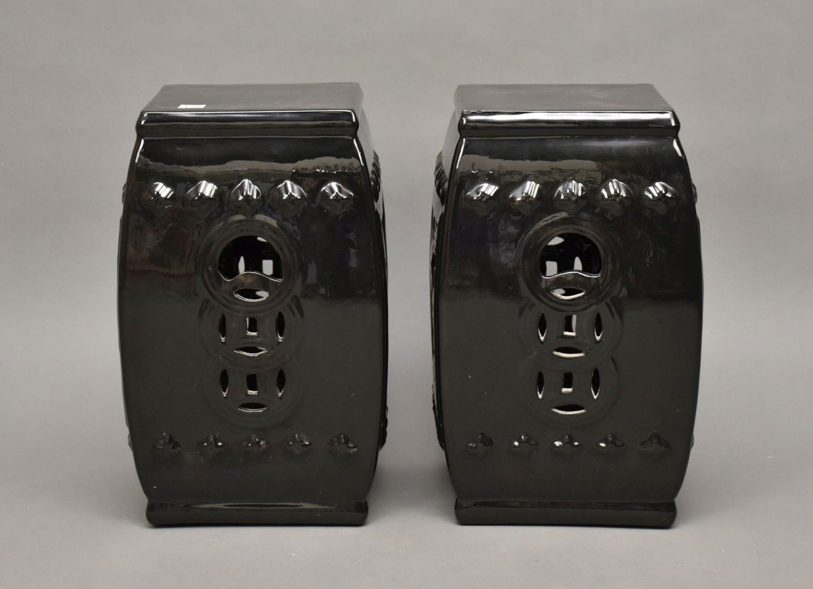Pair Oriental Black Ceramic/Pottery Garden Seats, Lantern Motif, 18"h x 9" Square Tops (chip on (1 of 6)