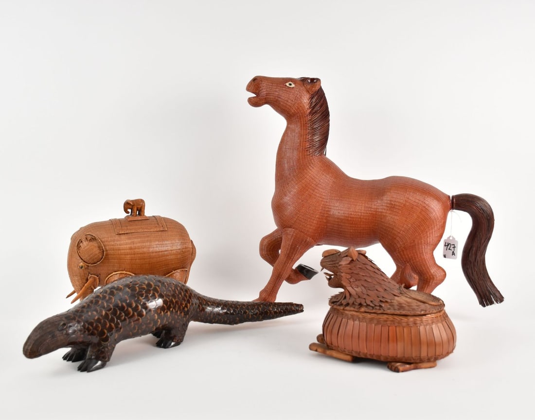 Group of 4 Vintage Shanghai Handicrafts Woven Wicker Animals - China. C. 1960s-70s. Group of woven: Group of 4 Vintage Shanghai Handicrafts Woven Wicker Animals - China. C. 1960s-70s. Group of woven wicker and bamboo animals from the Shanghai Handicrafts Collection. Group includes: A) HORSE Figure,