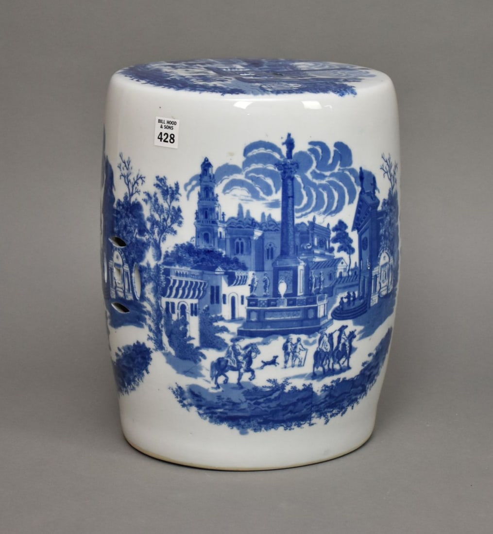 Ceramic Garden Seat, Blue on White Continental Scene, 14"h x 10 1/4"dia (1 of 6)