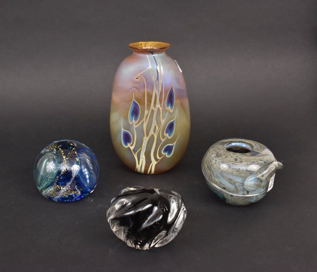 4pcs. Modern Art Glass, 2 Vases & 2 Paperweights, Signed & Dated 2001, '76, '86, (1 of 9)