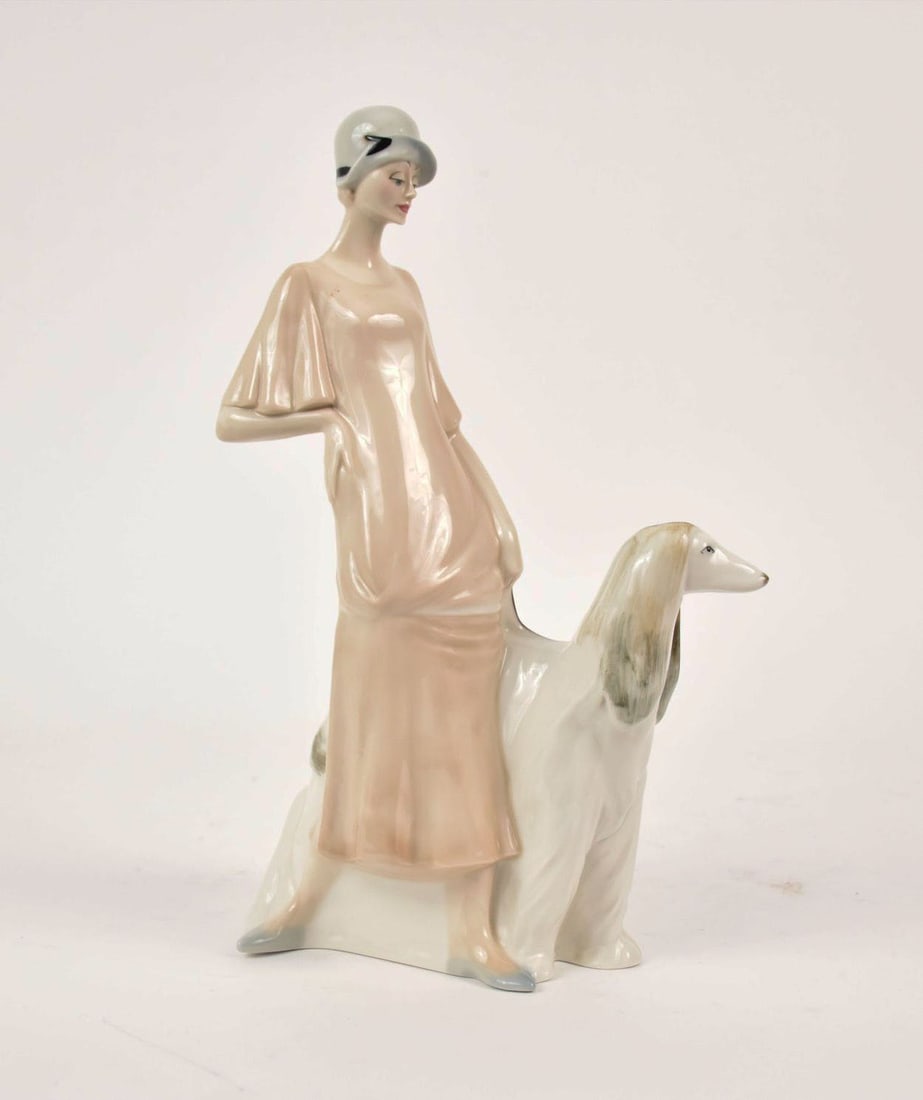 Royal Doulton 'Promenade' Figurine, English porcelain figurine, woman with Afghan Hound, 1985, # HN: Royal Doulton 'Promenade' Figurine, English porcelain figurine, woman with Afghan Hound, 1985, # HN 3072, 13 1/8" h. Condition: No damage identified.