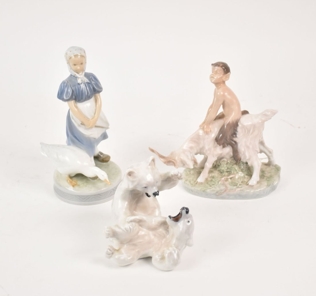 Three Royal Copenhagen Denmark Figurines - Group includes: A) Faun on Goat, #737, 8" h. B) Polar (1 of 9)