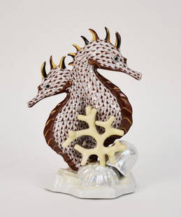 Herend Porcelain Seahorse Grouping with Coral, Brown Fishnet Design, 7"h: Herend Porcelain Seahorse Grouping with Coral, Brown Fishnet Design, 7"h