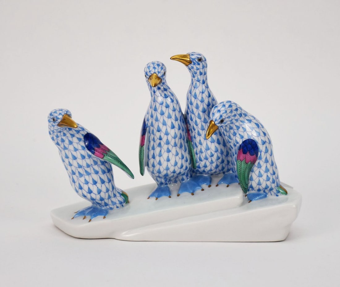 Herend Porcelain Penguin Grouping, Blue Fishnet Design, 4 1/2"h x 6"w (1 of 5)
