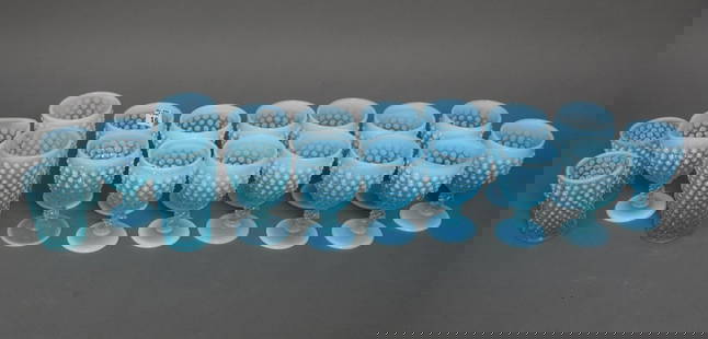 Antique Opalescent/Blue Hobnail Glass, 13 Goblets, 2 Water Glasses, 2 Juice Glasses and Square: Antique Opalescent/Blue Hobnail Glass, 13 Goblets, 2 Water Glasses, 2 Juice Glasses and Square Goblet